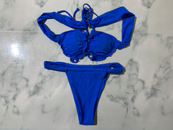 Women's Blue Thong Bikini Set With Padded Top