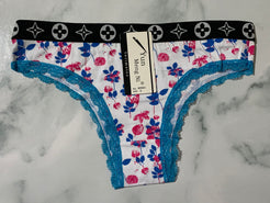 Women's Floral Print Blue Trim Bikini Panties Underwear Low Rise