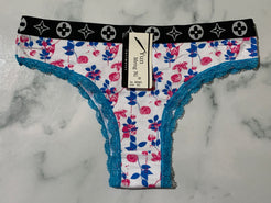 Women's Floral Print Blue Trim Bikini Panties Underwear Low Rise