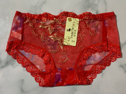 Women's Flower Embroidered Red Lace Lingerie Briefs Low Rise