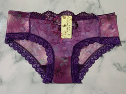 Women's Flower Embroidered Purple Lace Lingerie Briefs Low Rise